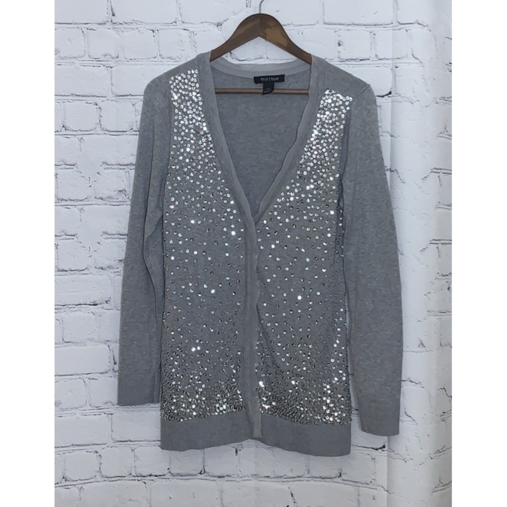 White House Black Market Cardigan Womens Large Grey Silver Sequined Sweater
